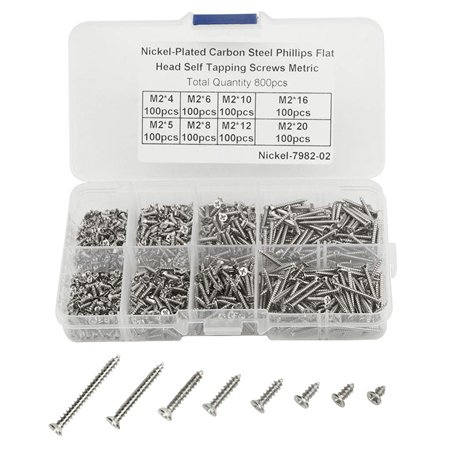 WMYCONGCONG Assortiment de 800 mini vis à bois M2 Philips à tête plate en acier au carbone nickelé avec boîte (argent)