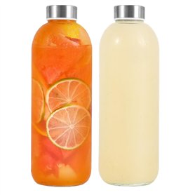 LIMILI Lot de 2 bouteilles en verre avec couvercles en acier inoxydable de 1 000 ml, anti-fuites, réutilisables, pour boissons c LIMILI Lot de 2 bouteilles en verre avec couvercles en acier inoxydable de 1 000 ml