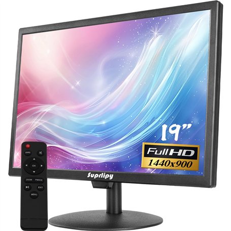 Suprlipy 19 Pouces FHD Petit Moniteur IPS écran d'affichage LCD 1440x900 60Hz 16:10 avec entrée HDMI BNC VGA AV USB Haut-parleur