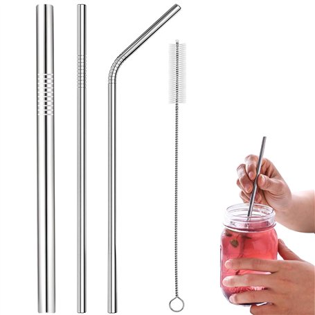 WOLMIK Pailles en acier inoxydable – 3 pailles réutilisables en métal avec nettoyeur de pailles