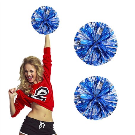 Lot de 2 Pompons de Cheerleader en Métal Bleu Brillant et Argenté pour Événements Sportifs et Compétitions