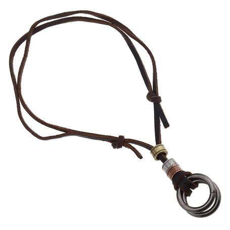 Create idea Collier en Cuir de Vache Brun Rétro Double Anneau Pendentif Colliers Cordon Réglable Ras du Cou pour Cadeaux Hommes