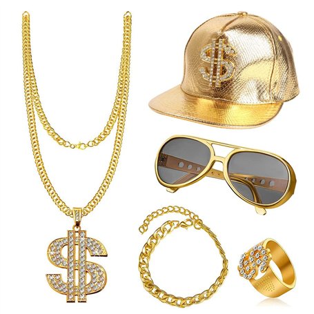 ZJRung Kit de Costume Hip Hop Lunettes de Soleil et Bagues de Rappeur Chapeau Collier Dollar Bracelet Chaîne d'or 80s 90s Access