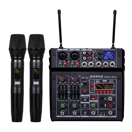 BOMGE 04E Table de mixage audio karaoké 4 canaux avec double micro sans fil UHF