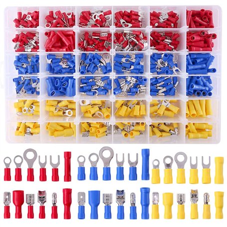 Glarks 540pcs 22-16 / 16-14 / 12-10 Gauge Mixed Quick Disconnect Electrical Insulated Butt Bullet Spade Fork Ring Solderless Cri