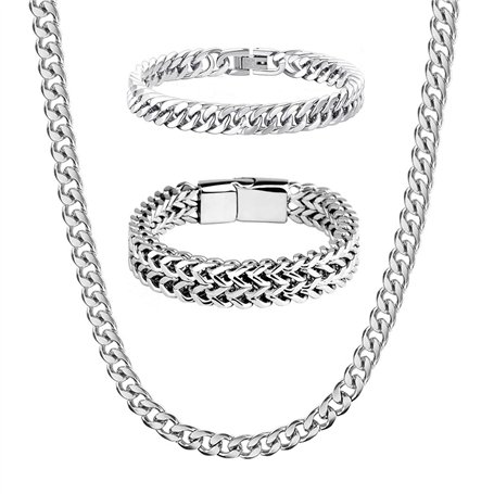 2 Pièces Bracelets Cubains en Acier Inoxydable pour Homme 19/21cm et 1 Chaîne Cubaine Collier Homme 50 cm Kit