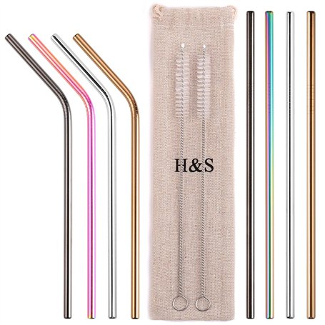 H&S Paille en Métal Réutilisable pour Boissons - 8pcs - Set de Pailles Réutilisables Multicolores en Inox - 2 Brosses & 1 Sachet