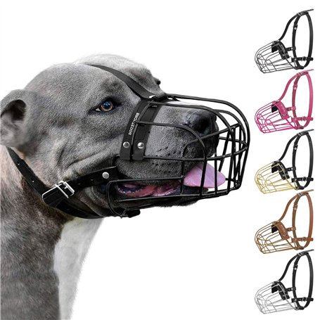 BRONZEDOG Pitbull Muselière en métal pour Chien avec Sangles réglables en Cuir pour Grands Chiens (Noir)