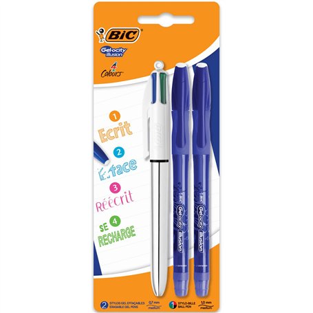 BIC Gel-ocity Illusion - Stylo 4 Couleurs + 2 Stylos Gel Effaçable Bleu - Blister de 3 Stylos