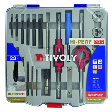 Mallette TIVOLY 23 PCS 6 tarauds DIN 352 HSS GUN + 6 Filières HSS + 4 accessoires M3 à M10 + 6 Forets métaux HSS Cobalt
