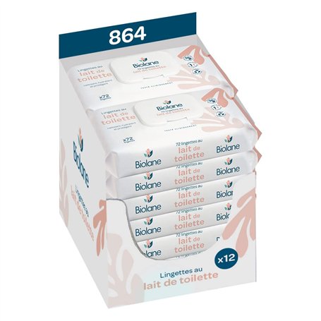 BIOLANE - Pack de 12 Lingettes bebe au lait de toilette - Bébé - 864 Lingettes bébé - Nettoie et hydrate - Peaux sensibles - 98%