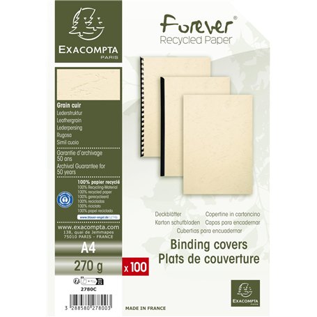 Exacompta - Réf 2780C - Paquet de 100 plats en carte rigide grain cuir 270g/m2 pour couvertures Forever - format à classer A4 -