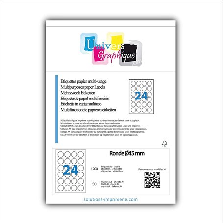 10 Planches de 24 étiquette rondes diamètre 45 mm = 240 étiquettes Ø 45 - Blanc Mat - pour imprimantes Laser et Jet d'encre - Fe