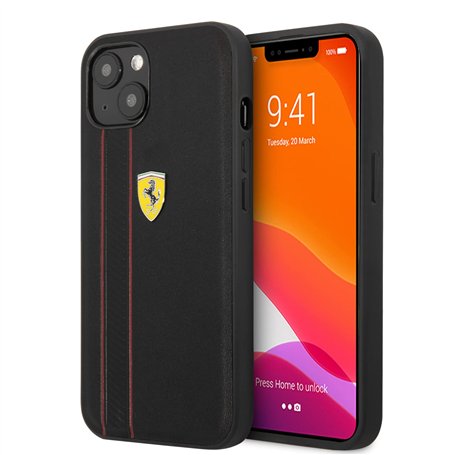 Ferrari Étui de protection en cuir véritable pour iPhone 13" avec deux lignes rouges