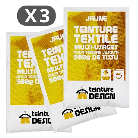 Lot de 3 sachets de Teinture Textile - JAUNE - teintures universelles pour vêtements et tissus naturels