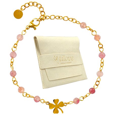 TILOVE - Bracelet en Pierre Naturelle Quartz Rose Lithothérapie pour Femme avec Trèfle Porte Bonheur en Acier Inoxydable. Conçu