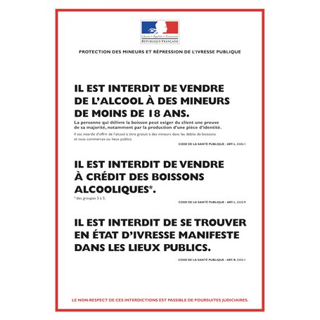 Affichage obligatoire pour les débits de boissons de vente à emporter - format portrait - Affichage format A4 plastifié