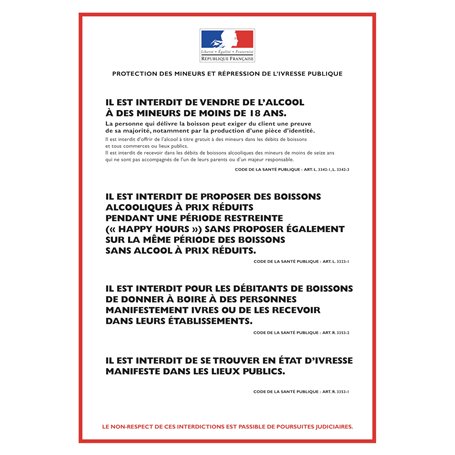 Affichage obligatoire pour les débits de boissons de vente sur place - format portrait - Affichage format A4 plastifié