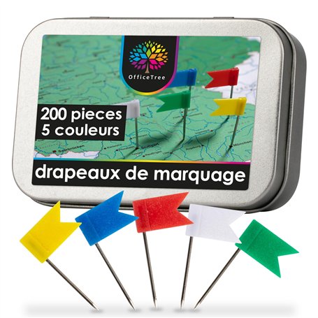 OfficeTree Lot de 200 epingles Drapeau en 5 Coloris Assortis - parfaites pour Marque des Cartes/Cartes du Monde/Tableaux - avec