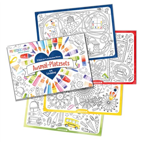 Papierdrachen Ausmal - Lot de 12 sets de table pour la rentrée scolaire - Avec 4 motifs différents - En papier de qualité supéri