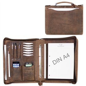ALMADIH porte documents A4 cuir vachette avec fermeture éclair et poignée + classeur anneaux + bloc notes inclus