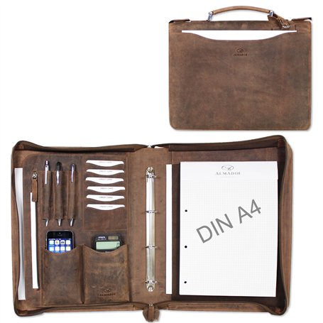 ALMADIH porte documents A4 cuir vachette avec fermeture éclair et poignée + classeur anneaux + bloc notes inclus