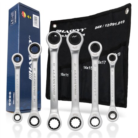 HASKYY Jeu de 6 clés à cliquet doubles 8 x 9 I 10 x 11 I 12 x 13 I 14 x 15 I 16 x 17 I 18 x 19 dans étui système 8-19 mm Jeu de