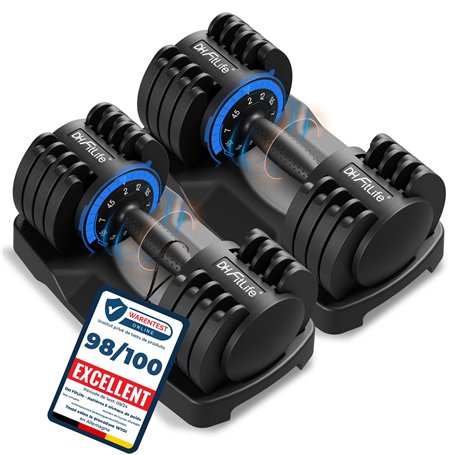 DH FitLife Lot de 2 haltères réglables de 12 kg - 2 à 12 kg - Avec 5 niveaux de poids - Avec disques d'haltères - Haltères court