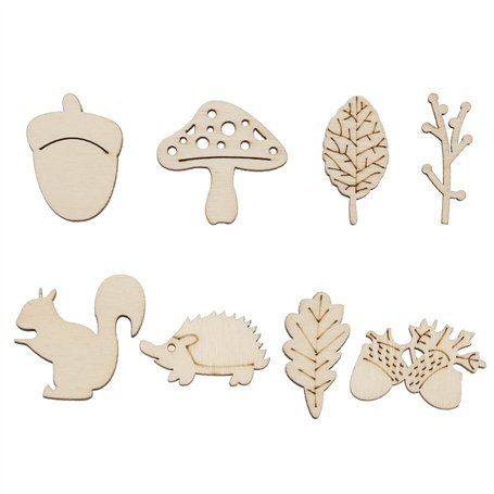 SG Store 200pcs Embellissements en Bois Copeaux de Bois Décoratifs Écureuil Champignon Feuille Hérisson Gland Brindille Formes T