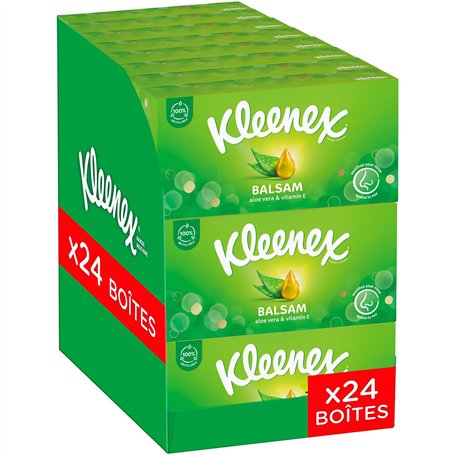 KLEENEX - Mouchoirs boîte Balsam (24 boites de 64 mouchoirs) - dépose un baume protecteur qui apaise vos nez idéal en cas de gro