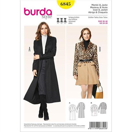 Burda B6845 Patron de Couture Manteau et Veste 19 x 13 cm