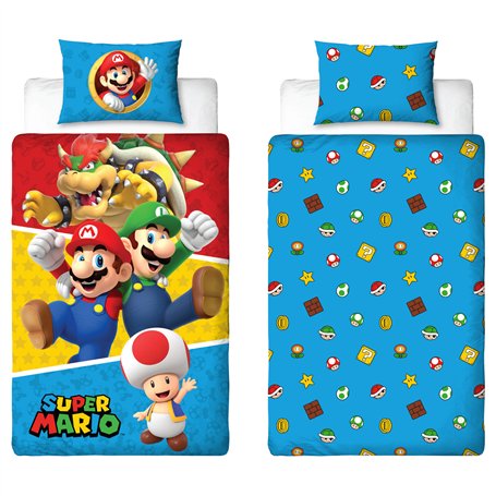 Nintendo Super Mario Parure de lit Simple avec Housse de Couette réversible Double Face avec taie d'oreiller Assortie en Polycot