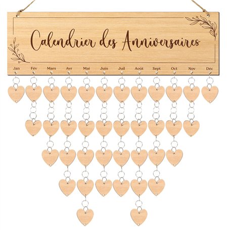 Calendrier des Anniversaires en Bois Français - Kit de Suspension Panneau Bricolage avec Étiquettes Cœur - Décoration Cadeau Ori