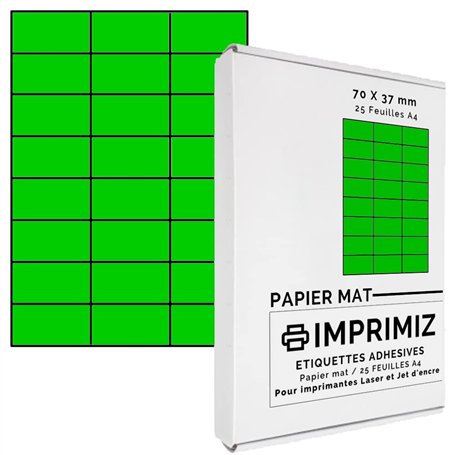 600 étiquettes autocollantes Vert fluo de 70 X 37 mm - 24 étiquettes/feuille - 25 planches papier A4 adhésif couleur - pour impr