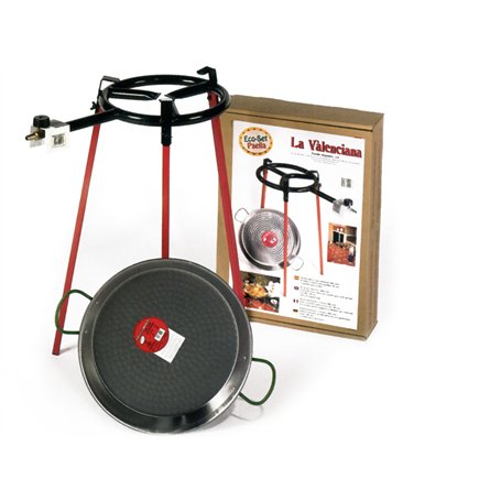 Eco Set Poêle à Paella 38 cm : Lot de 3 Pieds carrés + poêle à Paella en Acier Poli de 38 cm + brûleur à gaz de 300 mm