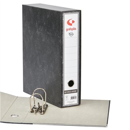 Grafoplás | Classeur AZ avec boîte | Taille Folio | Oiseau avant | Anneaux à levier nickelés 65 mm | Noir | Cantonnière longue |