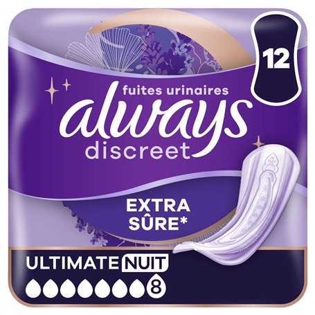 Always Discreet Serviettes Pour Fuites Urinaires Femmes Ultimate Nuit 12 Serviettes Protection Extra Sûre Et Discrétion Optimale