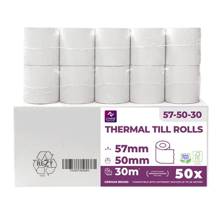 LYNNE PAYMENT SOLUTIONS Lynne Payment Solutions Rouleaux thermiques 57 mm x 50 mm x 12 mm Rouleaux de caisse enregistreuse Roule