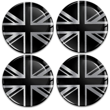 Biomar Labs 4 x 50 mm Autocollants 3D en Silicone UK Royaume-Uni Union Jack Drapeau Argent Noir pour enjoliveurs