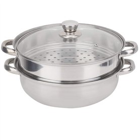 Cuiseur vapeur 2 couches - Double chaudière - En acier inoxydable - Avec couvercle en verre trempé et double poignée - Fonctionn