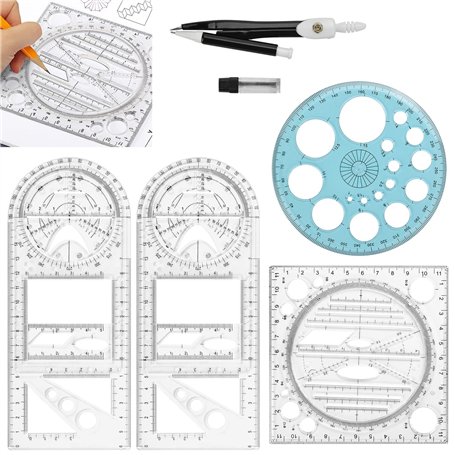 OTTYMO 4 Pcs Règle Dessin + Compass Règle Plastique Regle Geometrie Transparent Regle Equerre Dessin Regle Formes Geometriques R