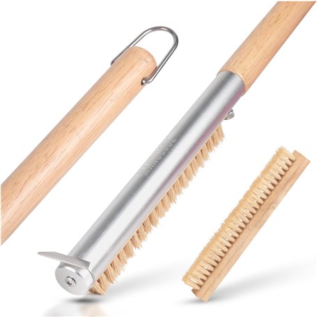 Manucode Brosse de four à pizza avec grattoir 52 cm Poils naturels pour nettoyer la pierre à pizza Manche en bois