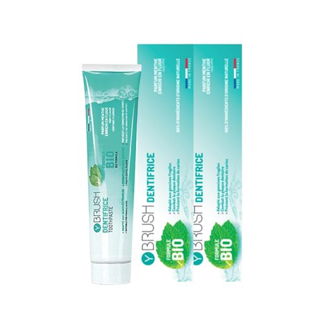 Y-Brush - Dentifrice Tube bio - Lot de 2 - Fabriqué en France - Goût Menthe - 99% naturel - Fluor - Anti caries - Pour Gencives