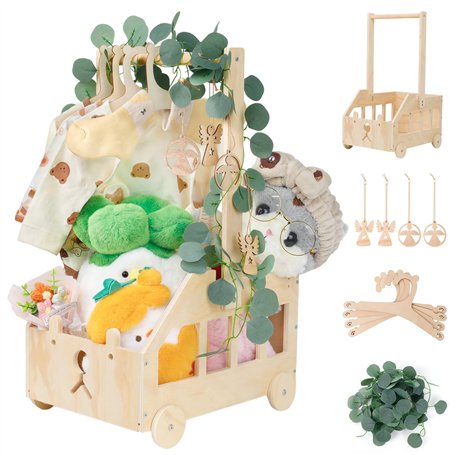 Wuciray Cadeau de Baby Shower avec Poignée Coffret Cadeau en Bois avec Roulettes Panier de Douche Bois pour Bébé Panier de Range