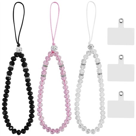 Lot de 3 Cordons Courts pour Téléphone Portable - Pendentif Avec Perles et Pierres de Cristal Naturelles - Universel Avec 3 Cous