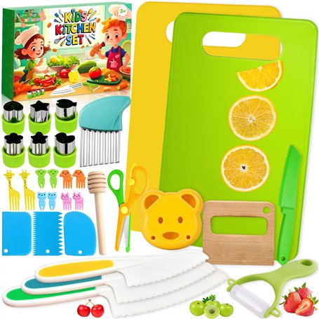 SaiXuan 31 Pièces Ensemble d'Ustensiles de Cuisine pour Enfants - Kit de Couteaux Montessori Sécurisés - Comprend Planches à Déc