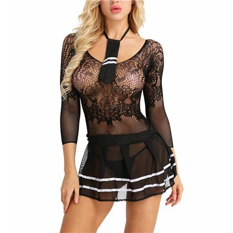 ROSVAY Lingerie Robe Cosplay Écolière Sexy Uniforme Costume Etudiante en Dentelle Transparente