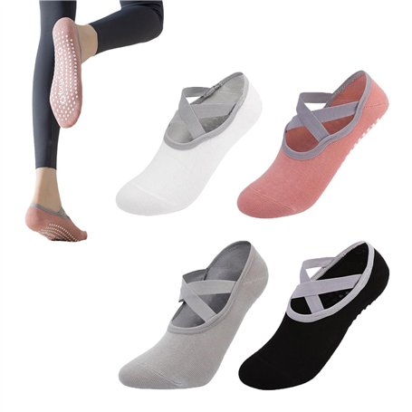 Lot de 4 paires de chaussettes de pilates antidérapantes – Chaussettes de yoga pour femme avec poignées et sangles pour équipeme