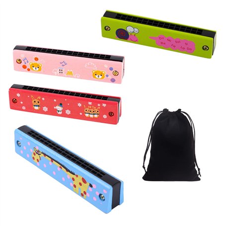 4pcs Harmonica de Bande Dessinée pour Enfants 16 Trous Double Rangée Harpe Diatonique Harmonica en Bois avec 4 Sacs de Rangement