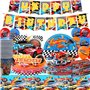 Lot de 61 décorations de table d'anniversaire pour enfants, vaisselle de course, ustensiles de fête cool voiture de sport, nappe